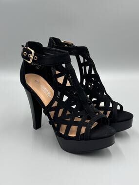 TRENDSup Collection Open Toe Ankle Strap Sandal Caged Black Stacked Heel Sz 8